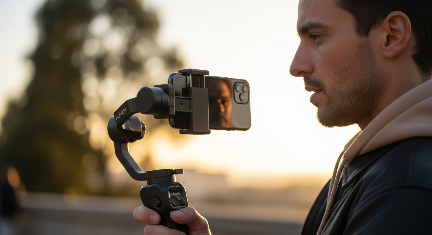 Hohem iSteady M7 AI smartphone gimbal with integrated fill light and detachable touchscreen remote for solo content creators