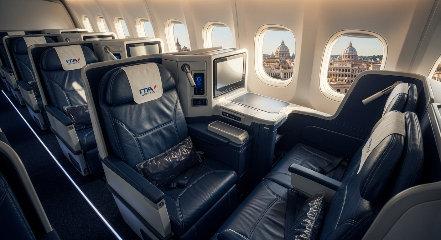 ITA Airways modern Airbus aircraft flying over Atlantic Ocean toward Rome