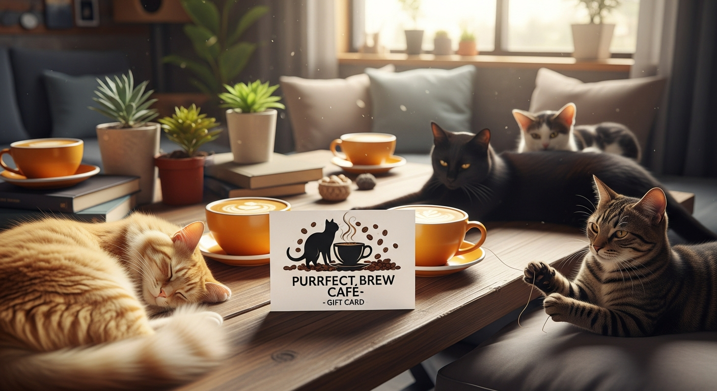 Java Whiskers Cat Cafe gift card displayed with rescue cats in serene lounge environment