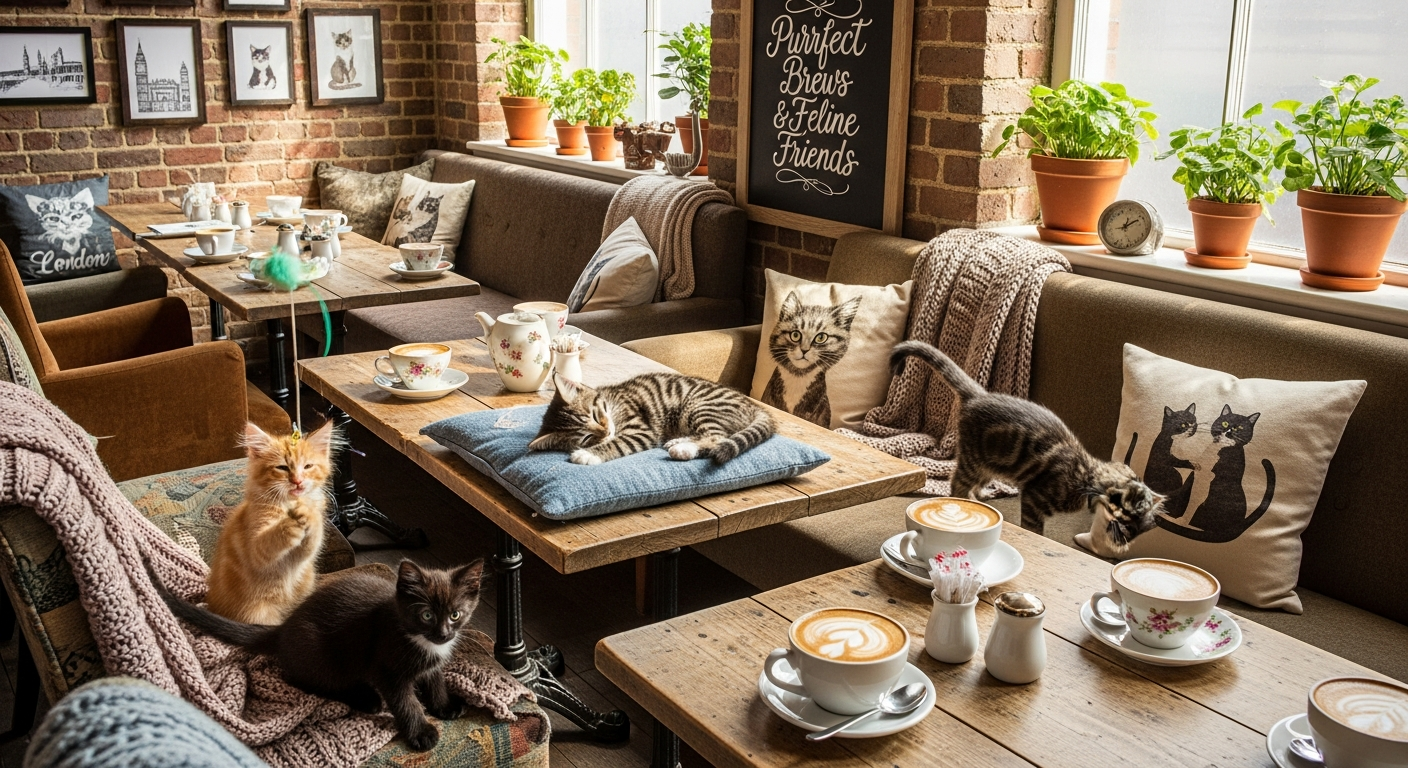 Rescue kittens playing in a minimalist lounge with specialty coffee setup at Java Whiskers London