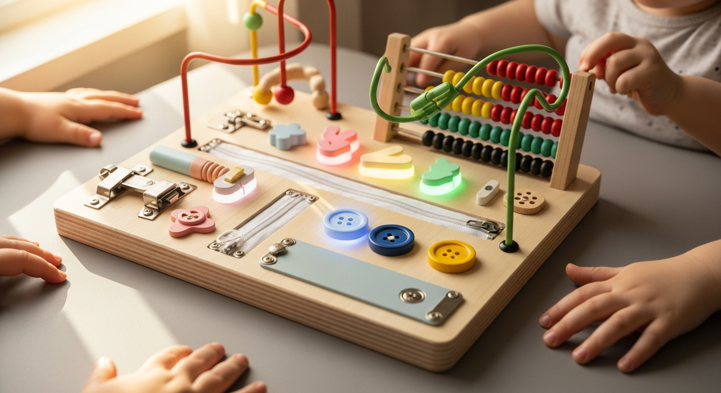 Joyreal LED Light Montessori Busy Board with tactile switches and gentle LED lights for sensory-sensitive toddlers