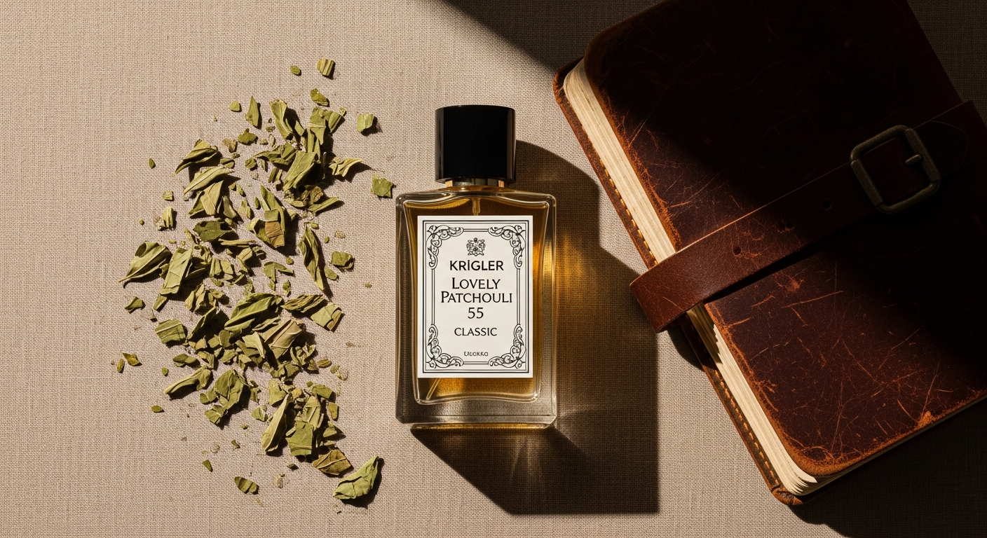 Krigler Lovely Patchouli 55 Classic Perfume bottle displayed with patchouli plant and amber accents