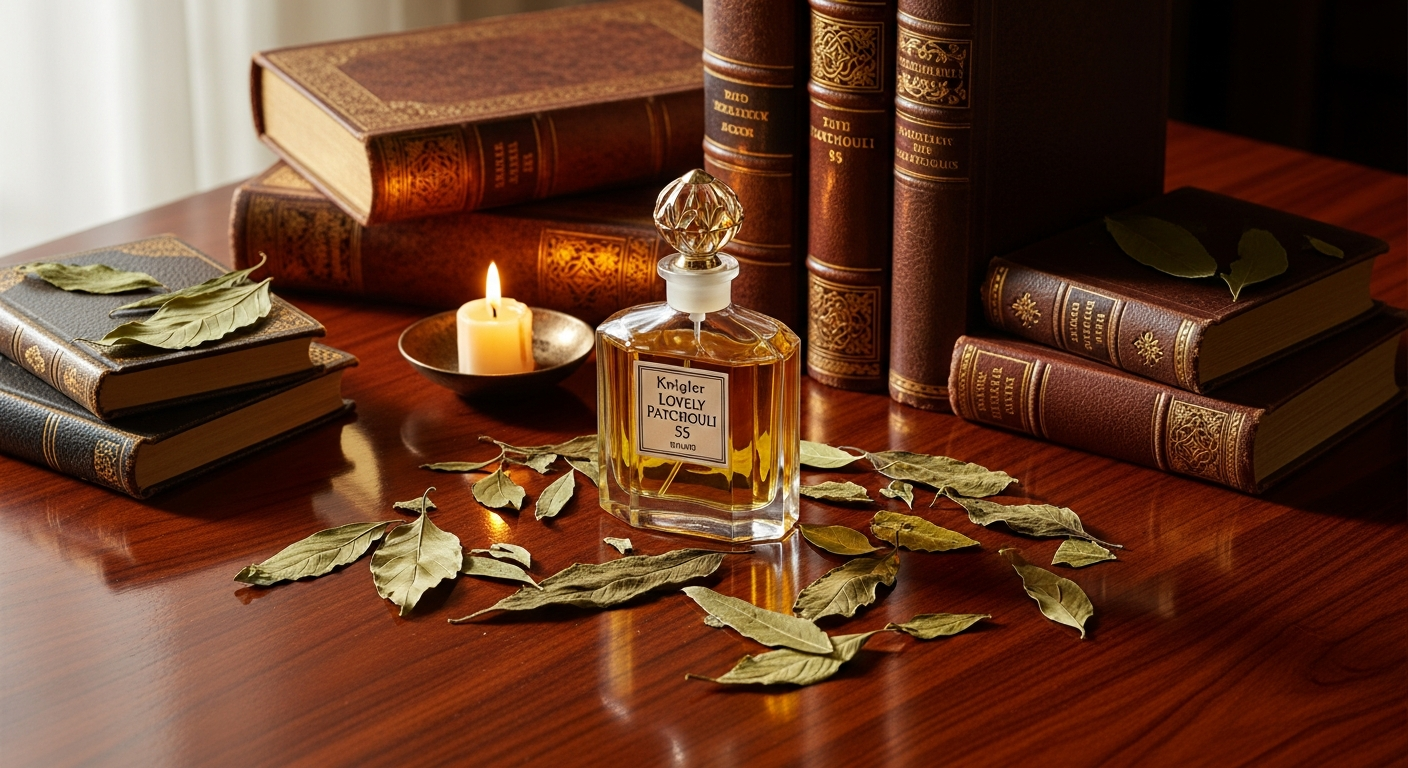 Krigler Lovely Patchouli 55 Classic Perfume bottle displayed on luxury surface with patchouli ingredients