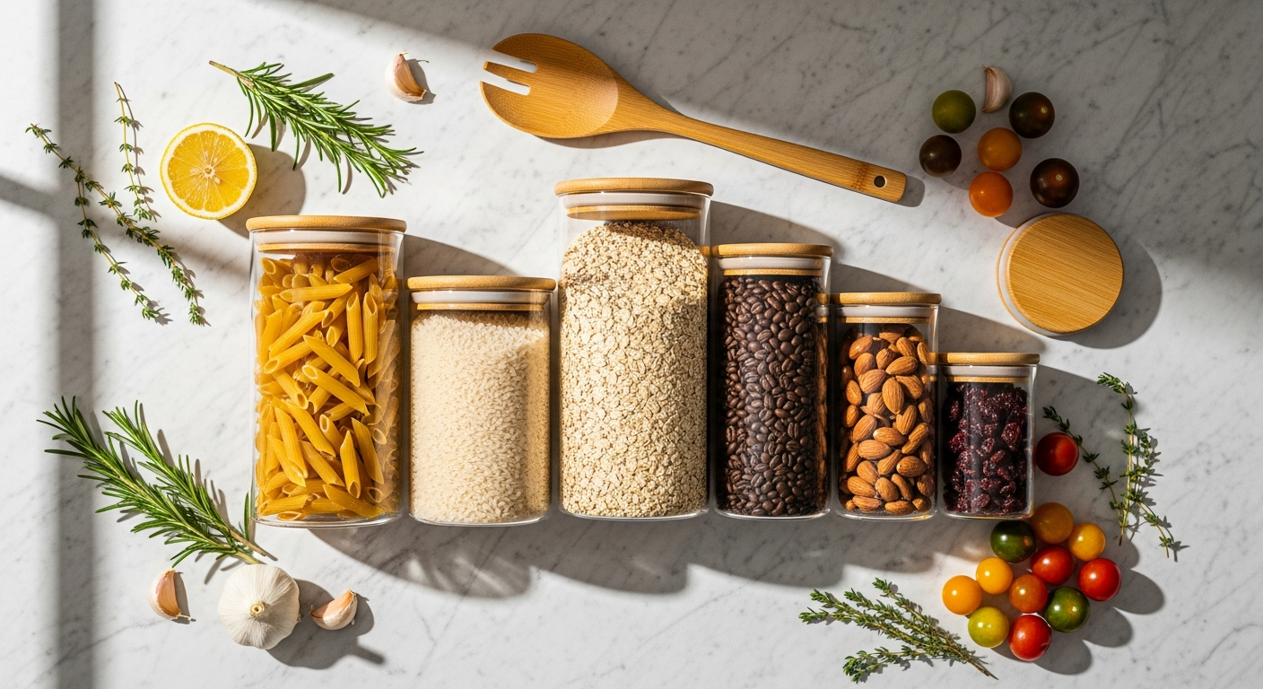 Organized kitchen pantry with Kadax glass storage jars and bamboo lids on shelves
