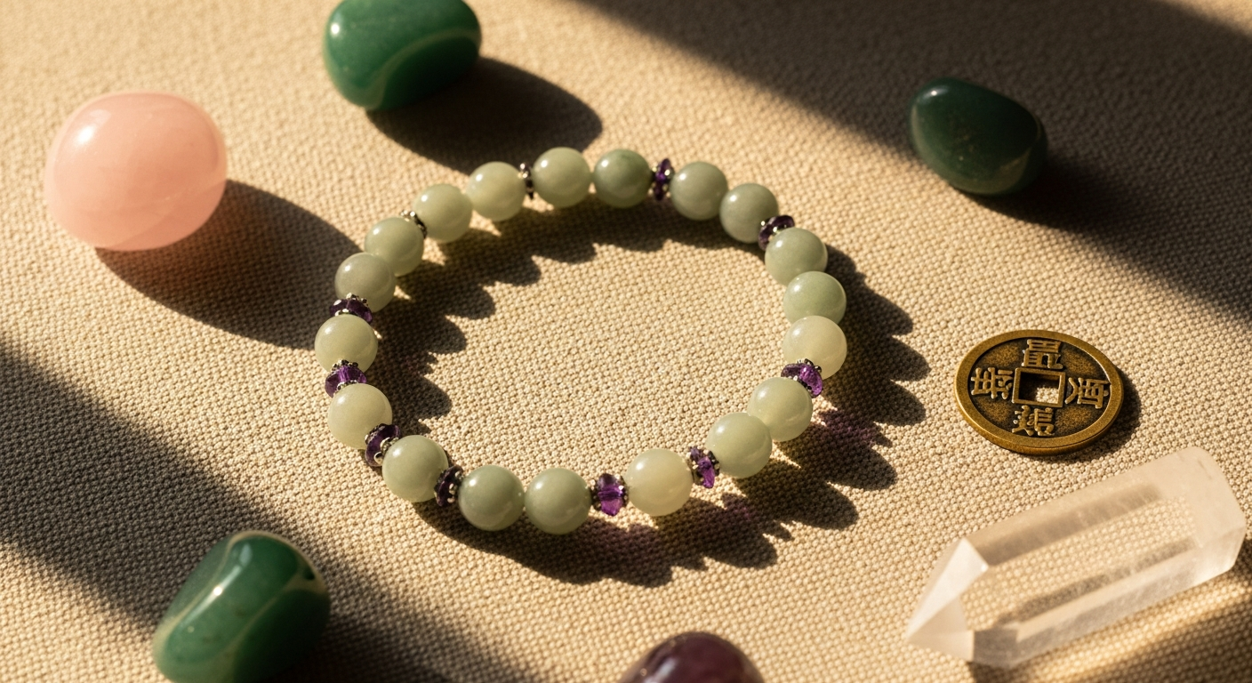 Prosperity Magnet Jade Amethyst Bracelet with evil eye charm and genuine healing stones