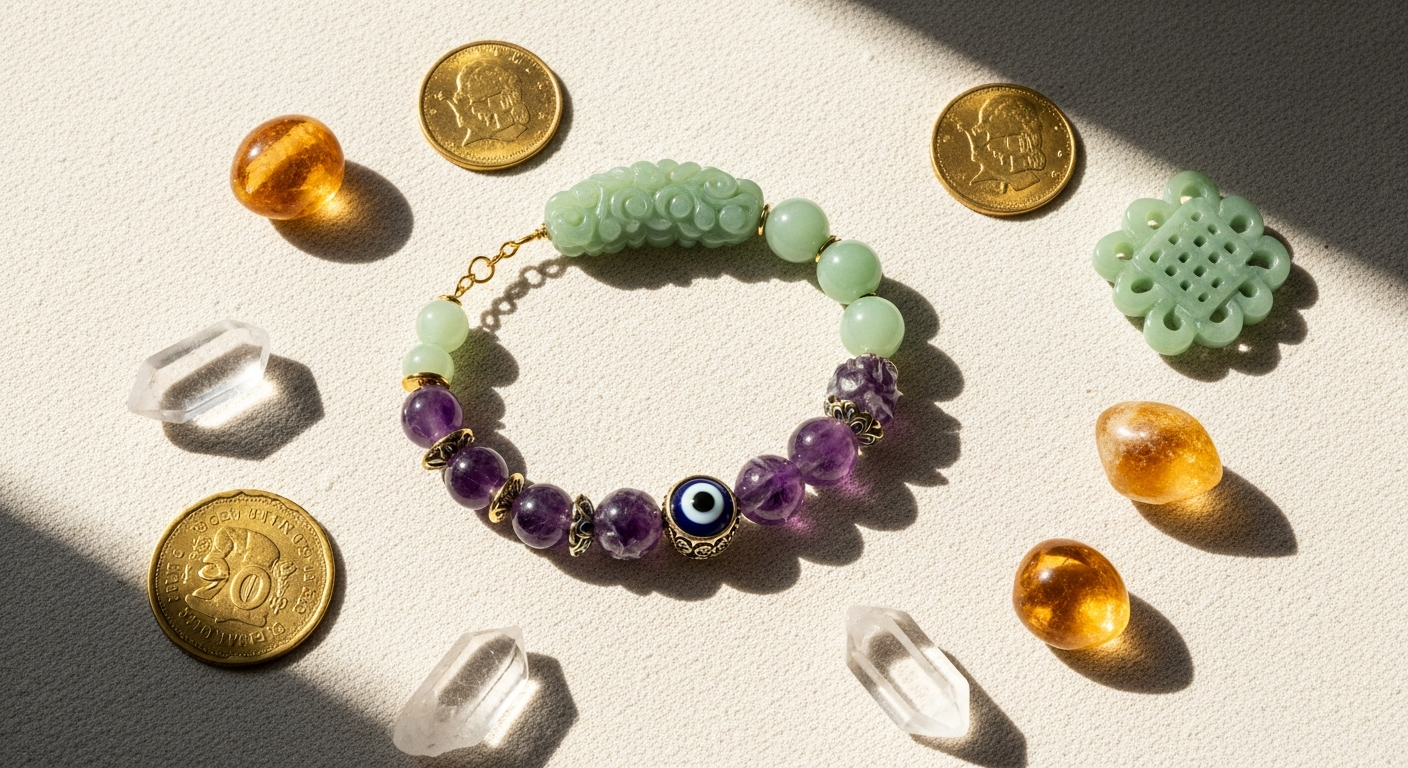 Prosperity Magnet Jade Amethyst Evil Eye Bracelet with natural gemstones and sterling silver beads