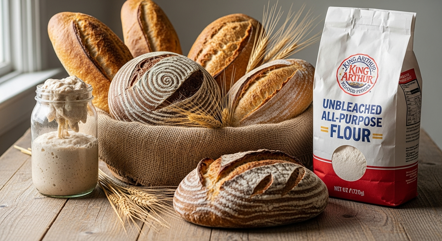 King Arthur Unbleached All-Purpose Flour bag displayed with fresh sourdough loaf showing open crumb structure