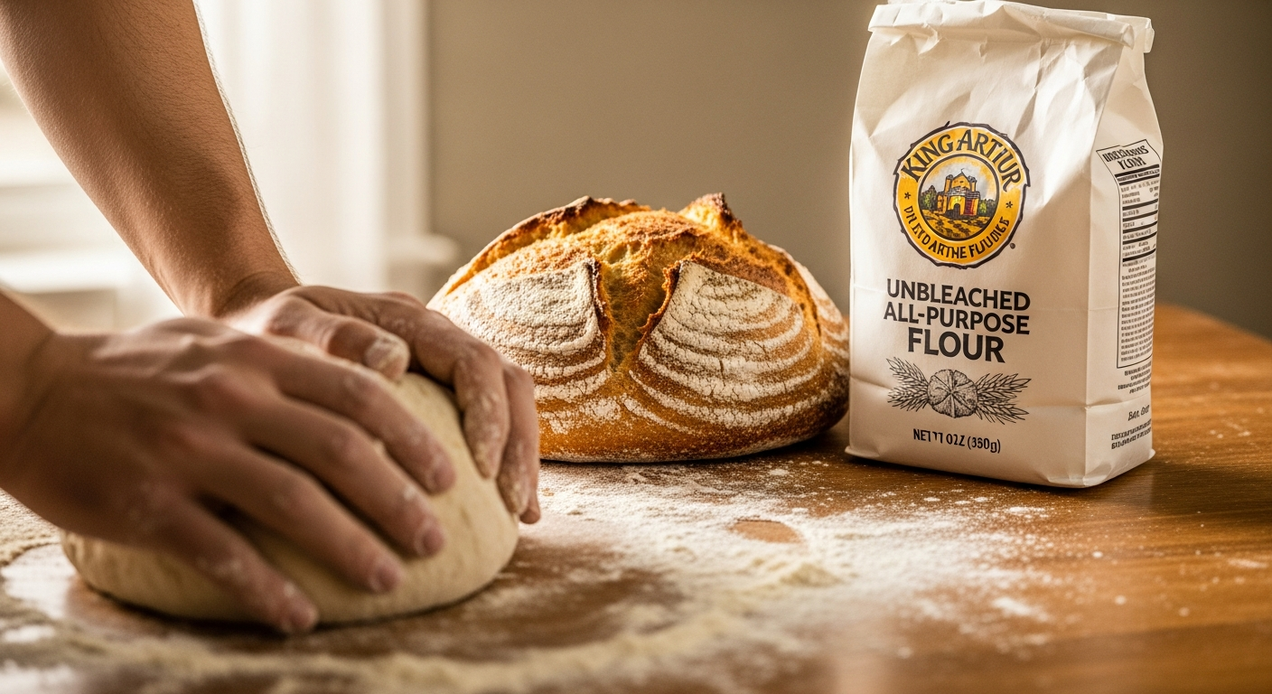 Golden-brown artisan bread loaf with open crumb structure and professional bakery appearance
