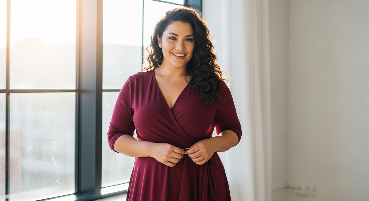Kiyonna Essential Wrap Dress in burgundy on plus-size model showing flattering wrap design and cinched waist silhouette