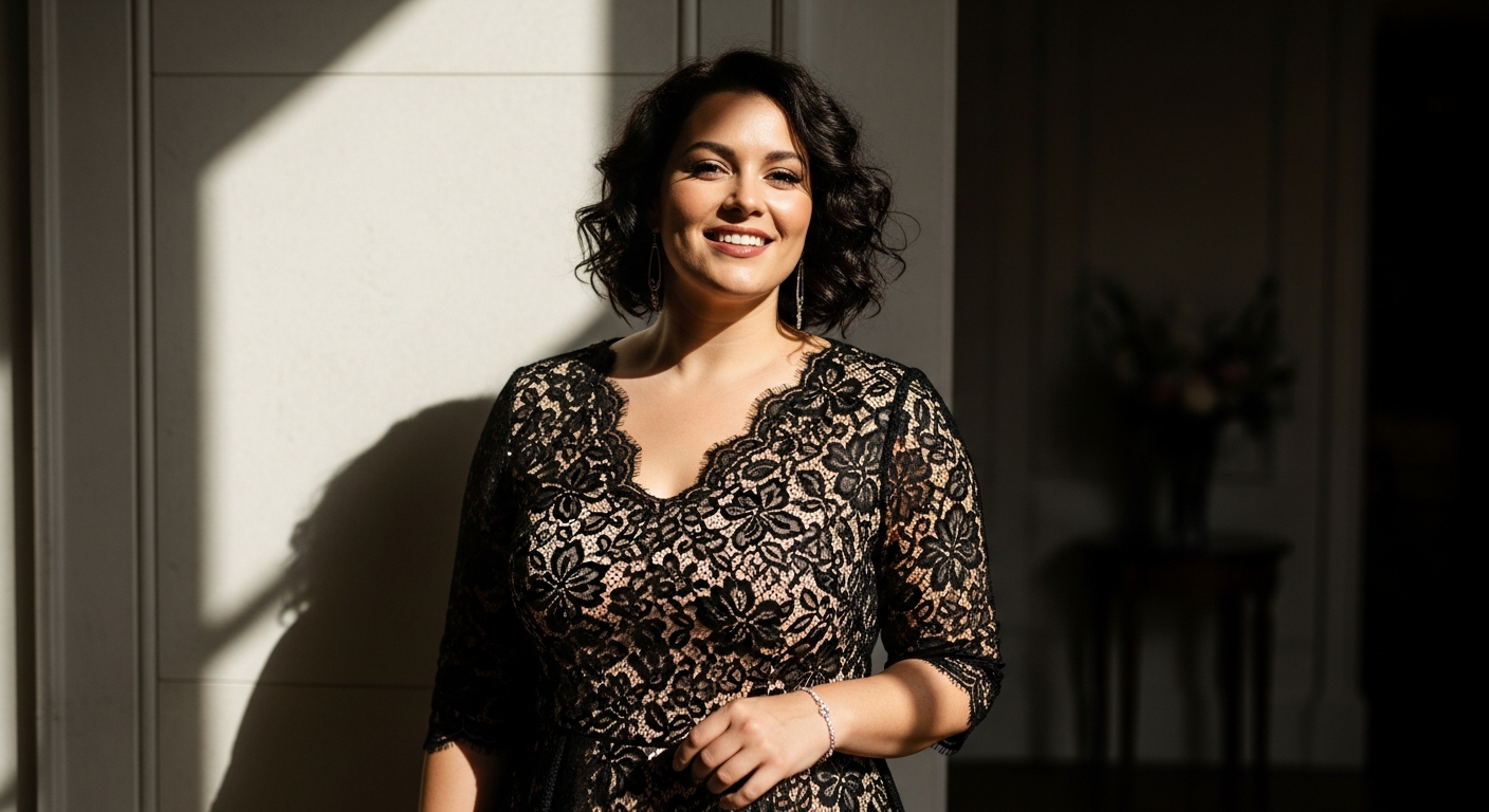 Elegant Kiyonna Mademoiselle Lace Cocktail Dress in scalloped lace design for curvy women