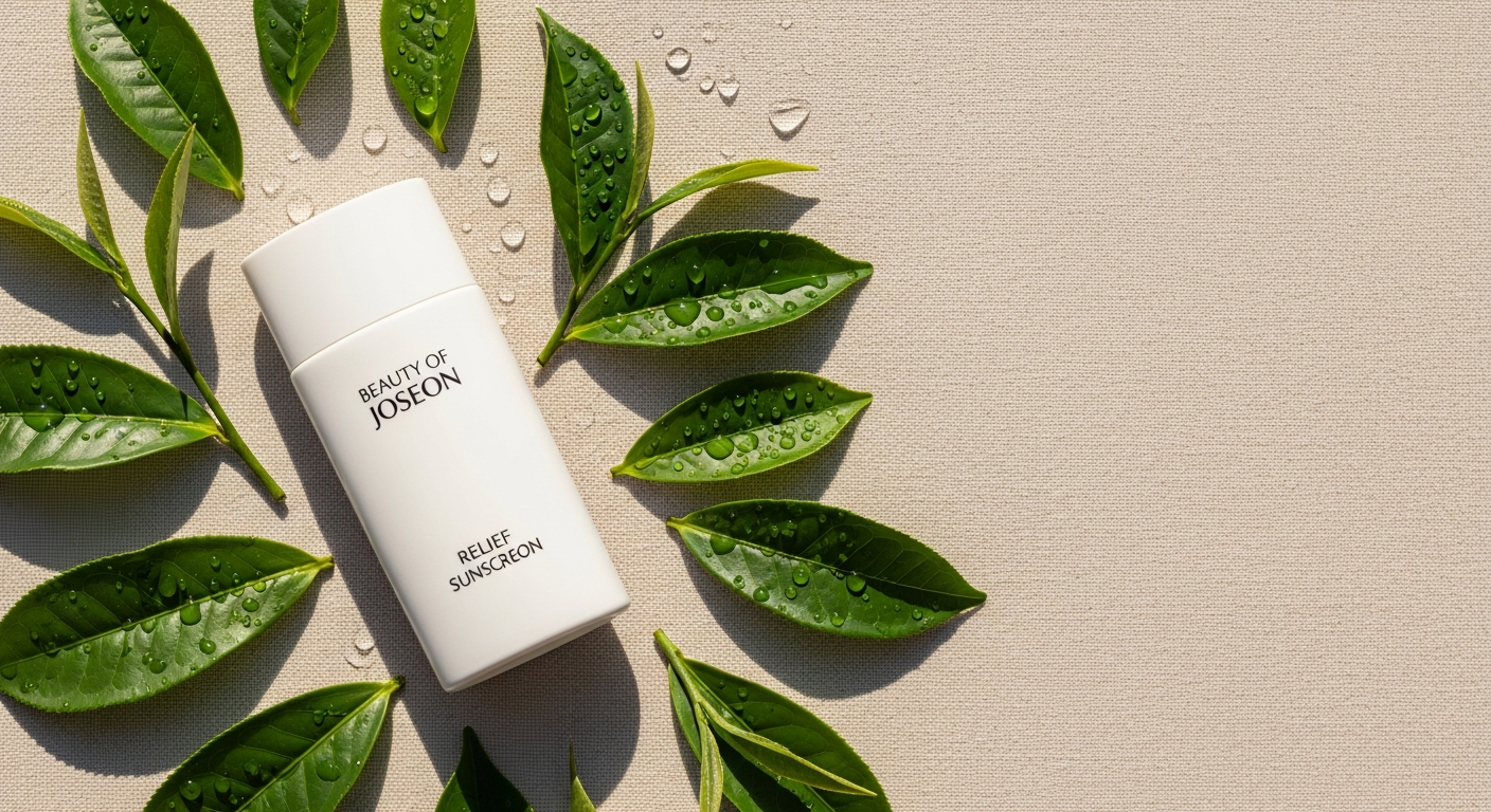 Beauty of Joseon Relief Sunscreen SPF50+ PA++++ bottle displayed on white background with rice and probiotic ingredients