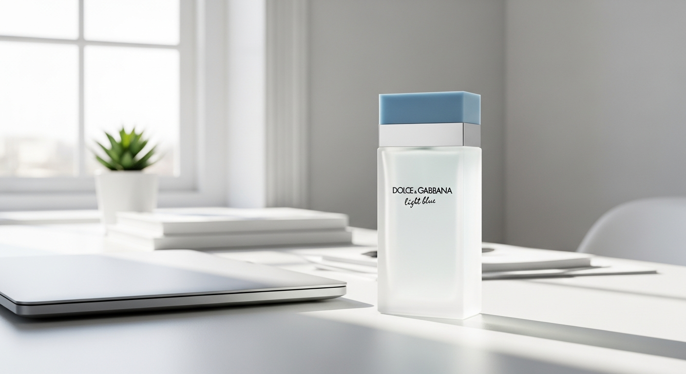 Dolce and Gabbana Light Blue Eau de Toilette bottle displayed on professional office desk