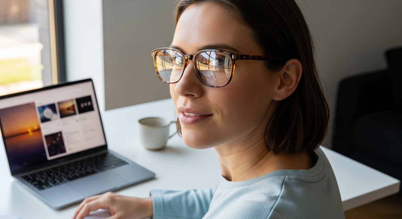 Frode tortoiseshell square prescription glasses displayed on a modern home office desk with dual monitors and professional workspace setup