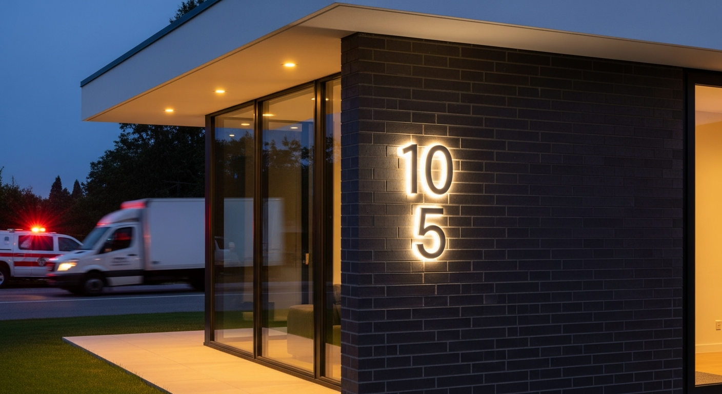 Modern LED backlit address numbers illuminated on a residential home exterior at night