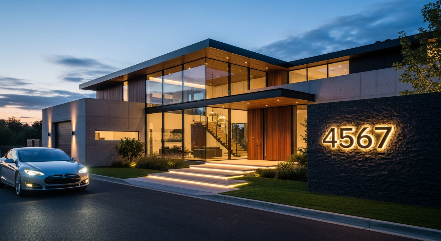 Premium modern LED backlit address numbers illuminated on home exterior at night