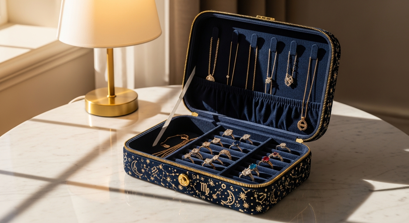 Starry Night Velvet Jewellery Case with gold constellation design on black background