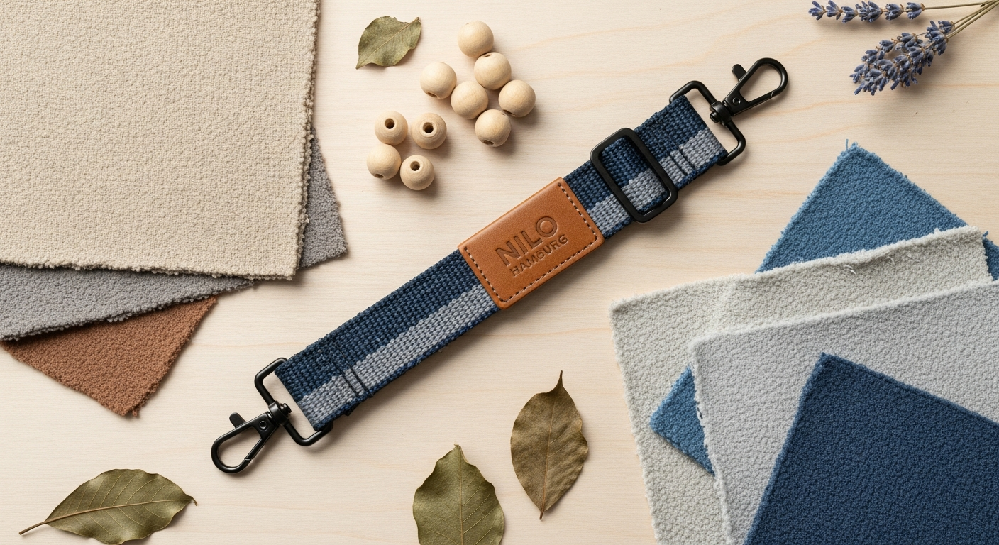NILO Hamburg handcrafted phone strap accessory displayed with colorful patterns and sustainable materials