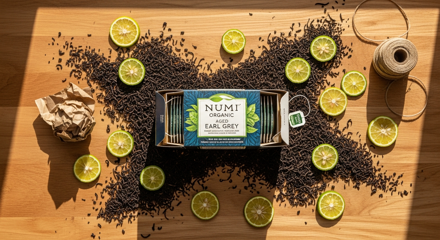 Numi Organic Aged Earl Grey Tea box with loose tea leaves and bergamot fruit displayed together