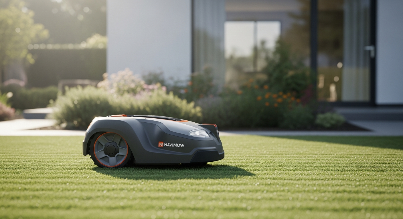 Segway Navimow i105N robotic lawn mower navigating small residential yard with AI mapping technology