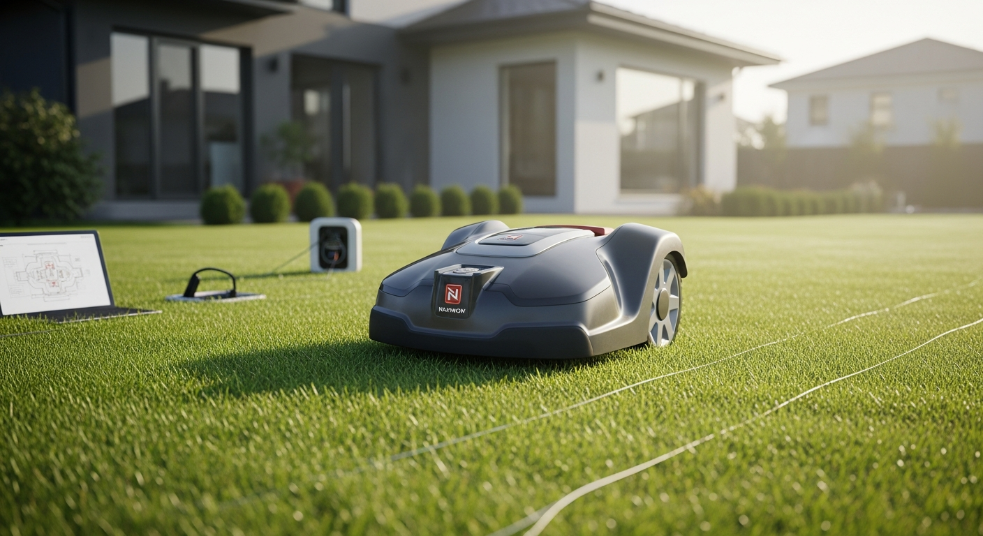 Navimow i Series robotic mower on green lawn with charging dock and RTK positioning system