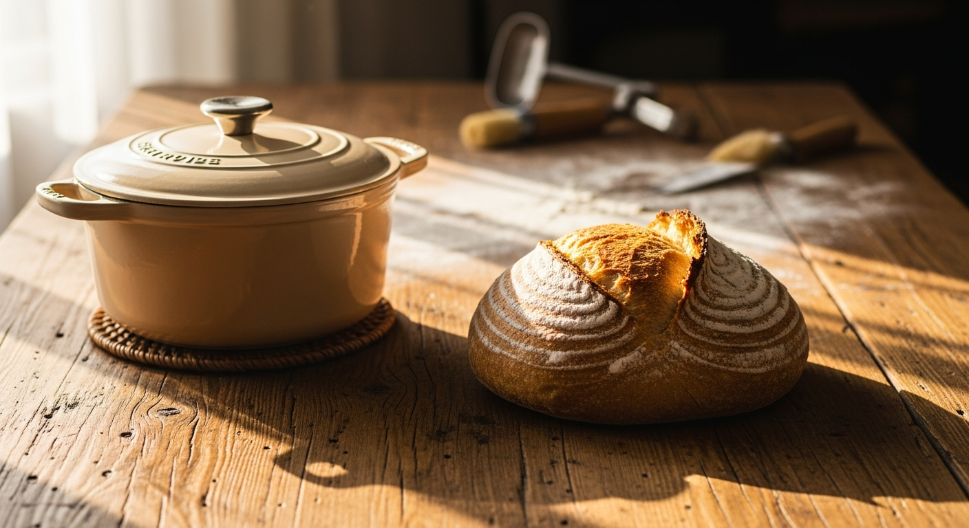 Nuovva enamelled cast iron Dutch oven with golden crusty artisan bread loaf inside