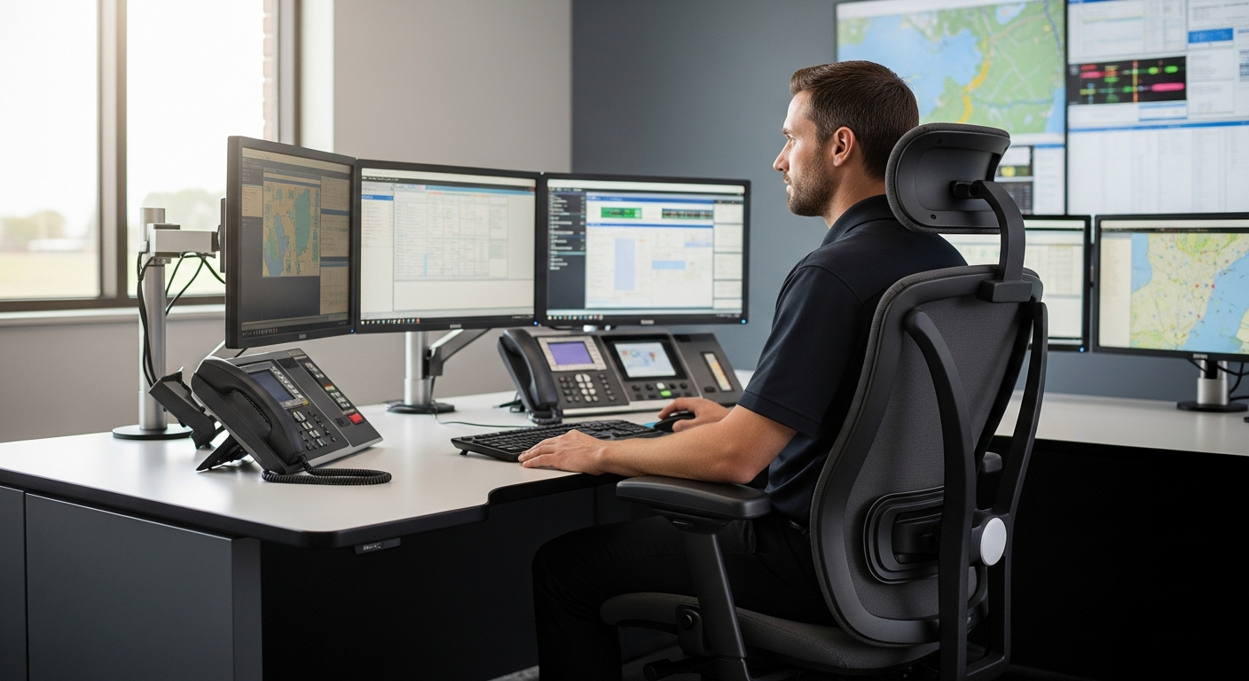 OFM 24/7 Heavy Duty Dispatch Chair with chrome base and black upholstery in emergency dispatch center