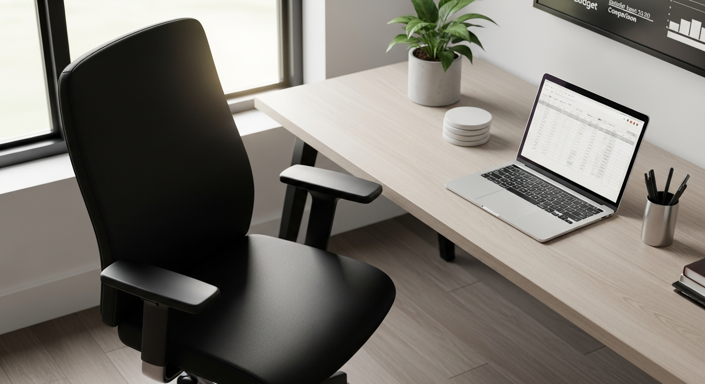 OFM Essentials Executive Office Chair E1007 in black faux leather with tufted padding and curved armrests