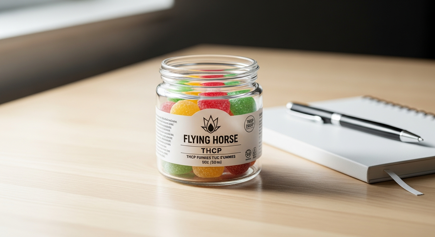 Flying Horse THCP Blend Infused Gummies 1200MG package displayed with five colorful gummy flavors