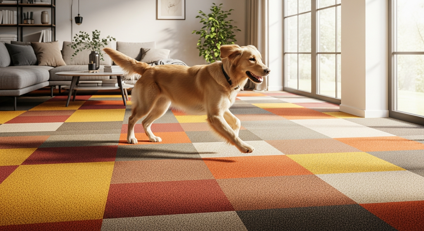FLOR modular carpet tiles in custom design for pet-friendly home with active household