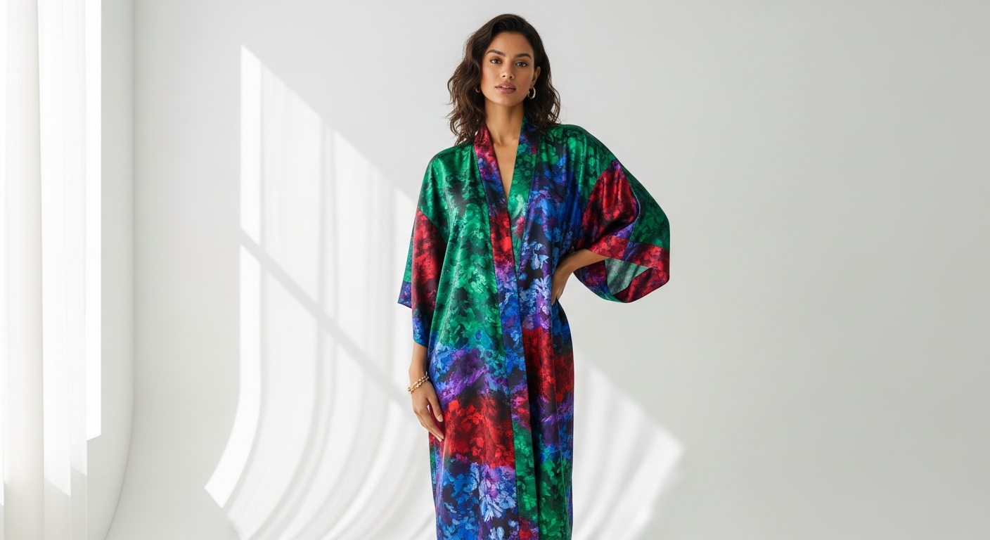 Luxurious Paolita Silk Tamara Kimono with hand-drawn prints draped elegantly over resort wear