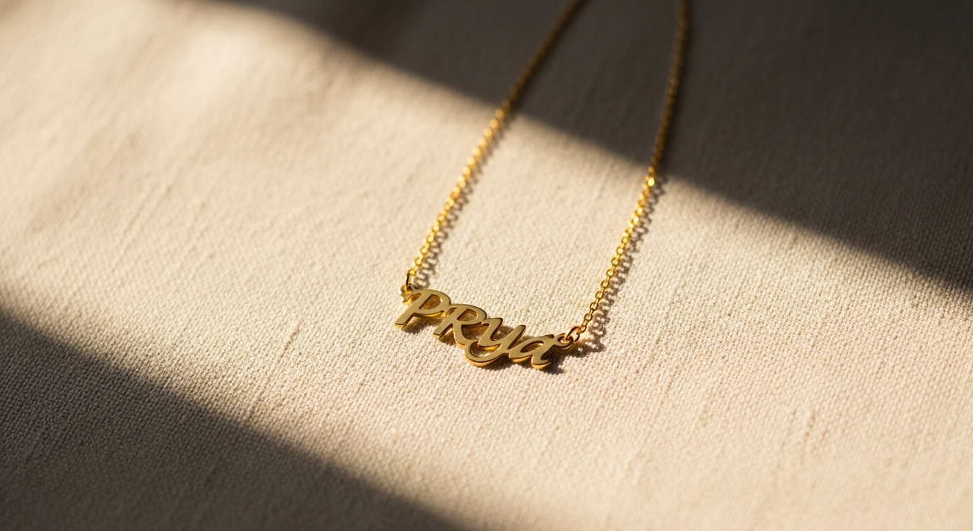 PRYA Arabic Name Necklace in gold-plated finish with custom Arabic calligraphy pendant displayed on elegant background