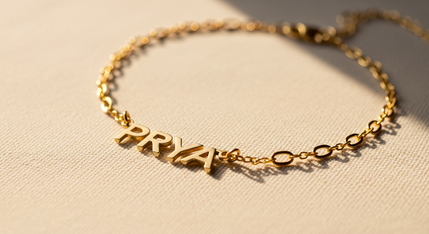 PRYA's personalized Arabic name necklace in gold plating displayed on elegant white background