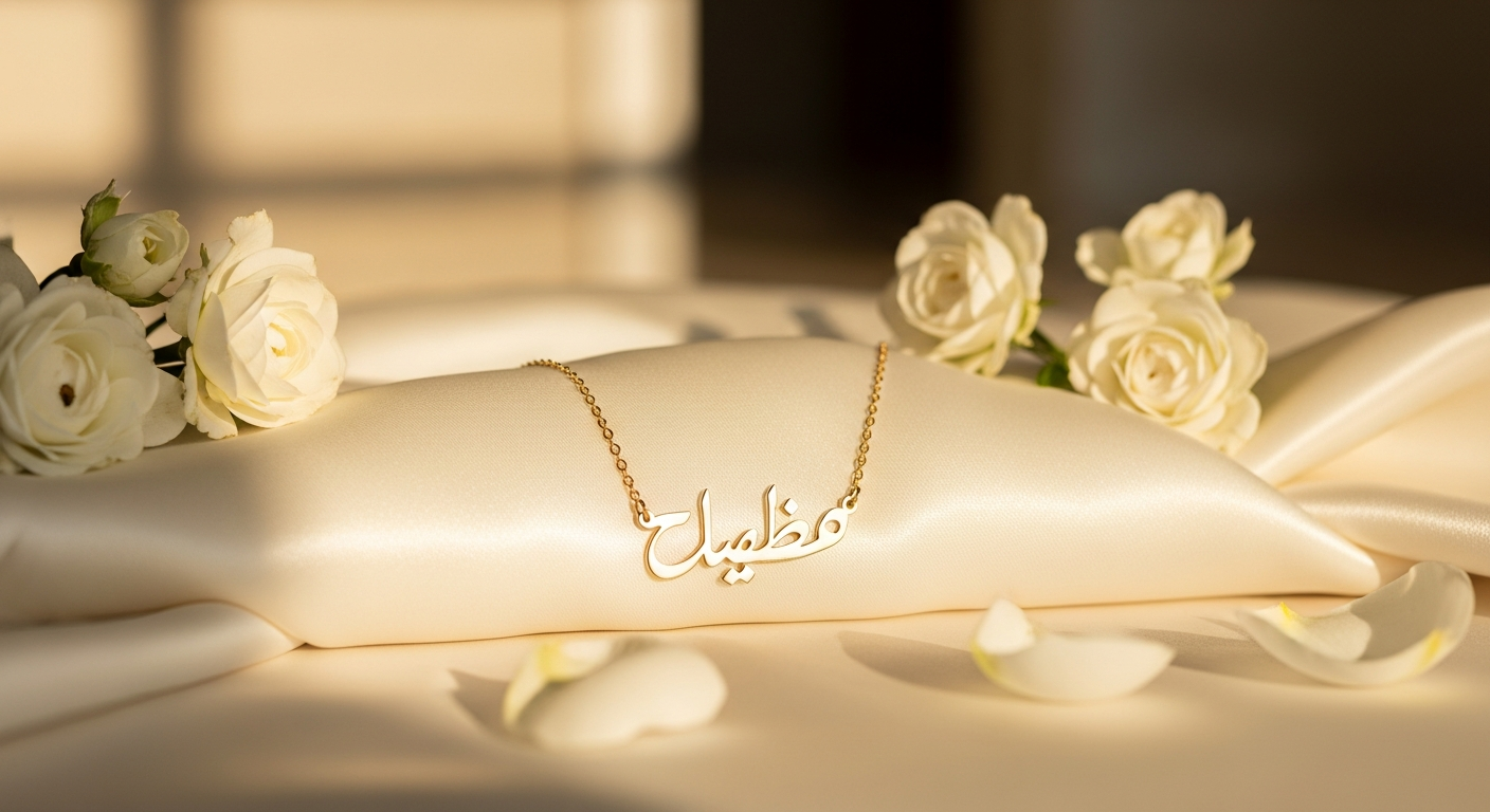 Personalized Arabic name necklace in gold plating displayed on elegant chain with custom calligraphy pendant