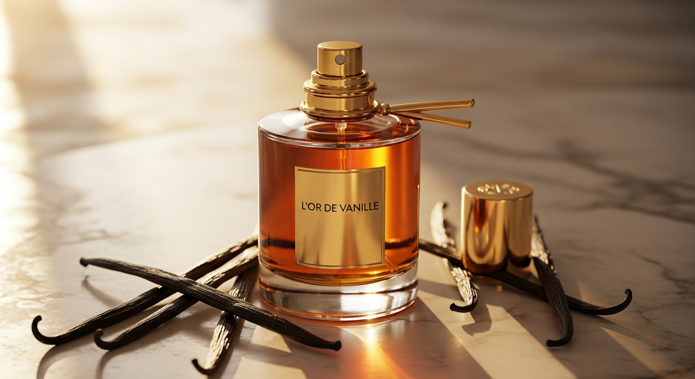 Elegant bottle of L'Or de Vanille Eau de Parfum fragrance with vanilla and bergamot notes