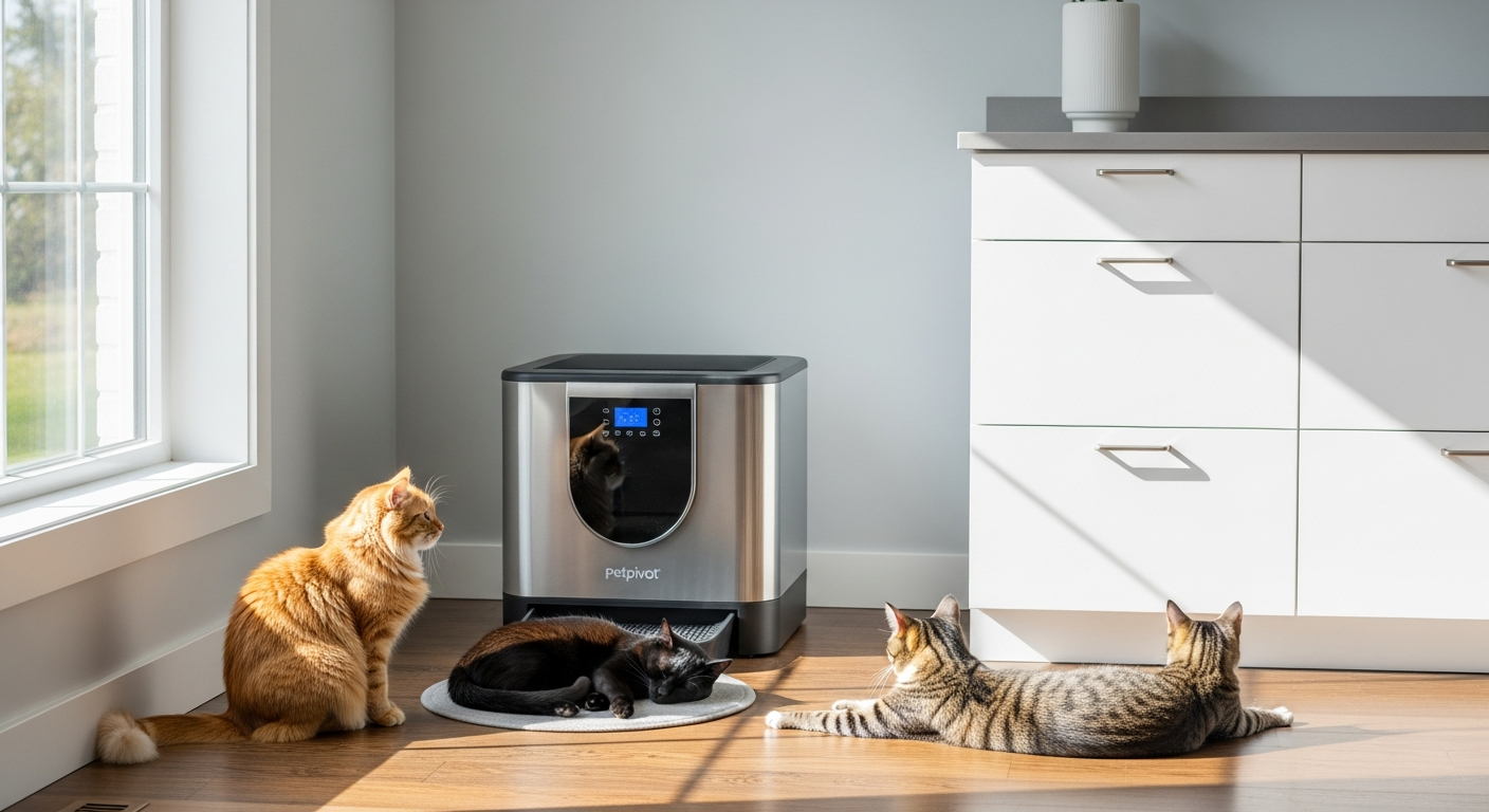 Petpivot AutoScooper self-cleaning cat litter box with open-top design and waste bin for multiple cats
