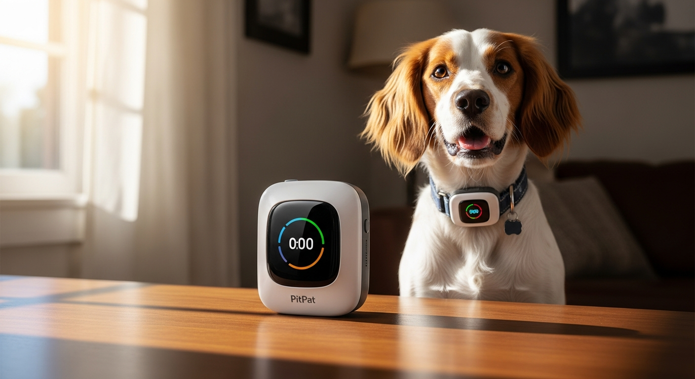 PitPat dog activity monitor attached to a dog collar showing fitness tracking technology