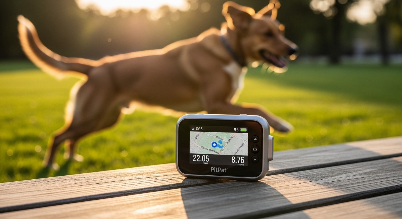 PitPat Dog GPS Tracker device displayed on a dog collar with mobile app interface visible on smartphone screen