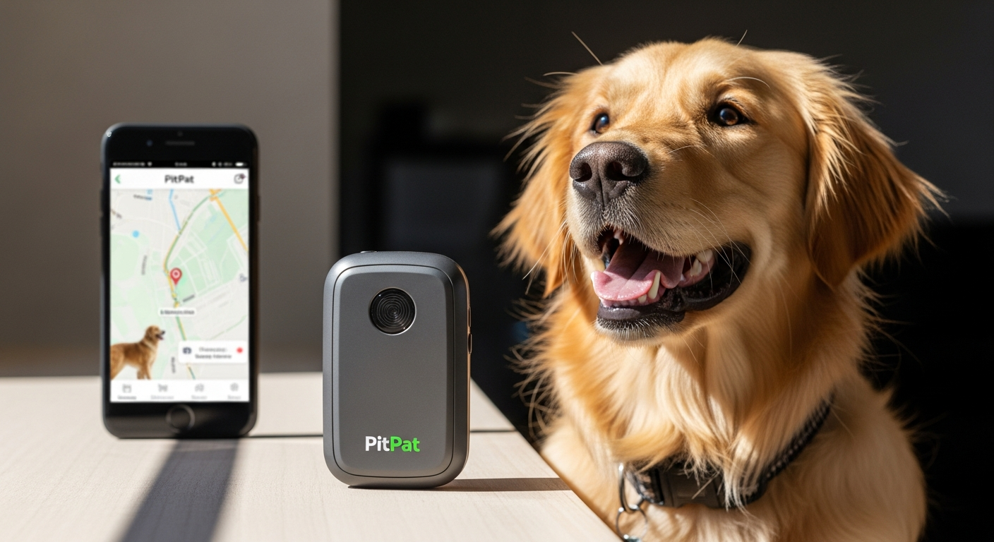 PitPat Dog GPS Tracker device displayed on a dog collar with smartphone app interface showing real-time location and activity data