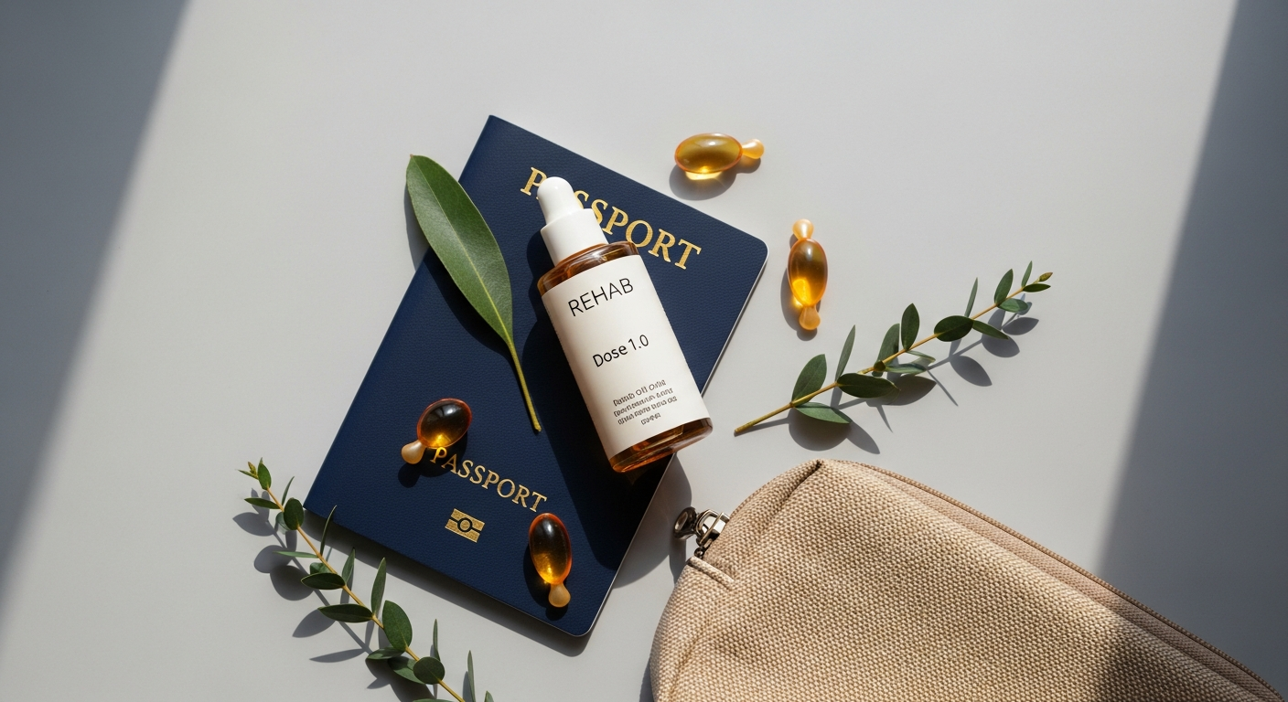 REHAB Dose 1.0 Hair Oil Capsules in biodegradable pods displayed with travel accessories