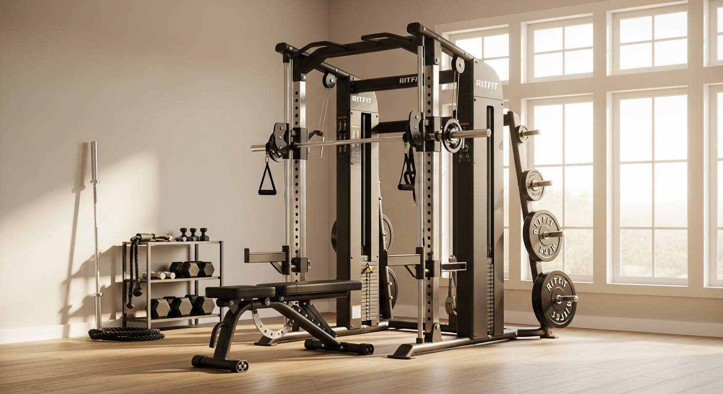 RitFit M1 PRO Multi-Functional Smith Machine with integrated cable crossover system in a modern garage gym setup