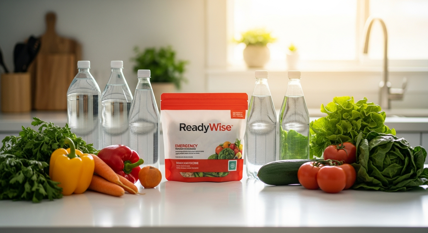 ReadyWise 1-Month Emergency Food Supply Kit in two portable storage buckets with meal pouches