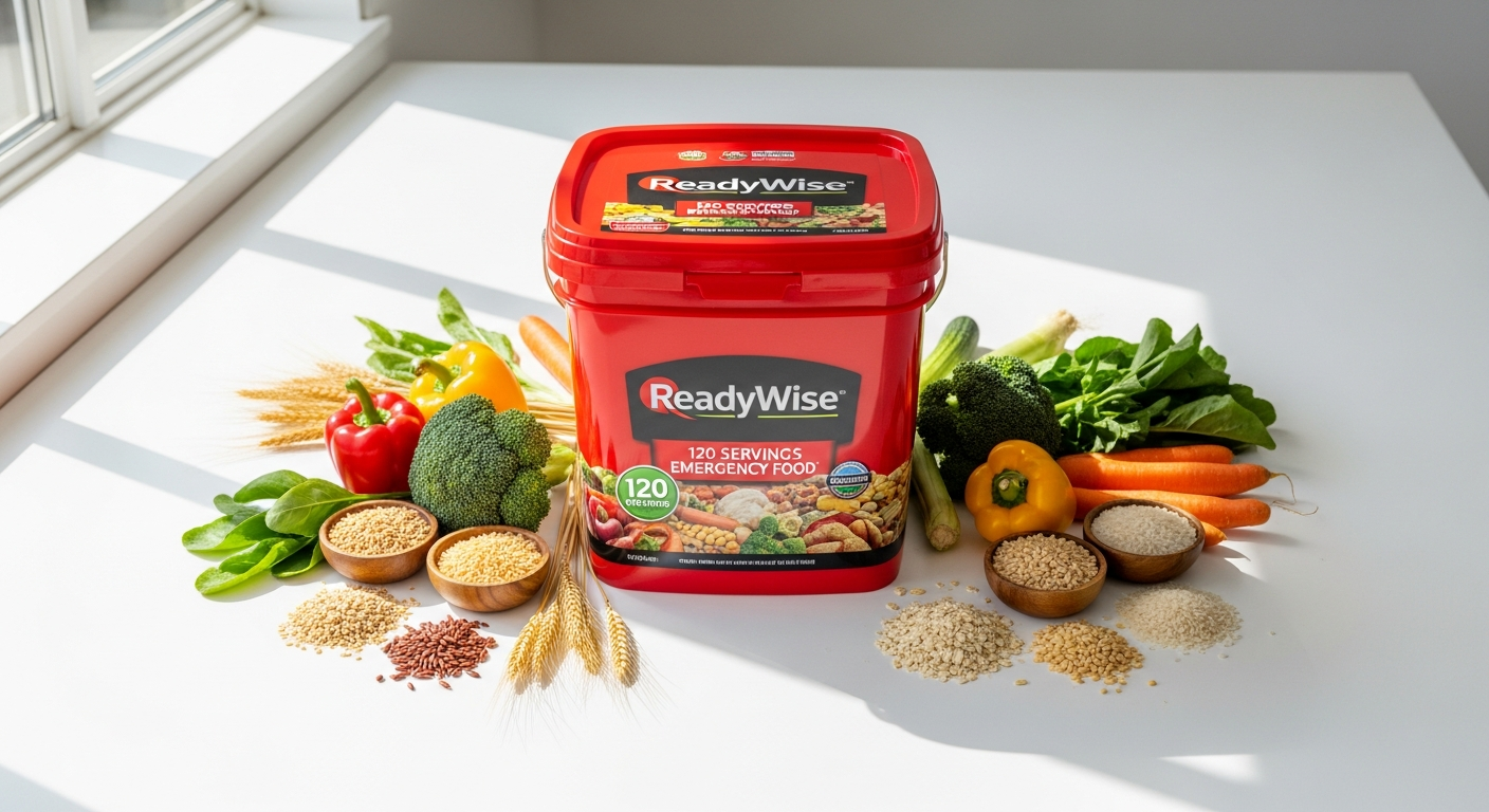 ReadyWise 120-serving emergency food bucket with stackable design and grab handles