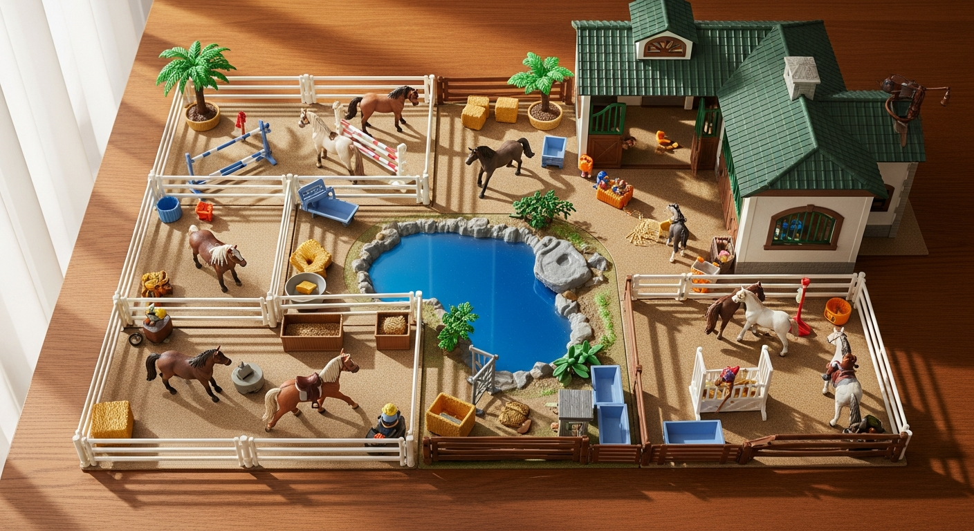 Schleich Horse Club Lakeside Riding Center playset with hand-painted horse figurines and detailed stable accessories