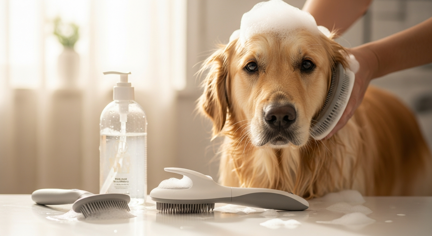 3-in-1 pet bath brush with integrated shampoo dispenser and silicone bristles for anxious dogs and cats