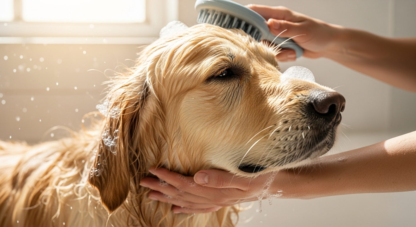 3-in-1 pet bathing massage brush with integrated shampoo dispenser in yellow silicone