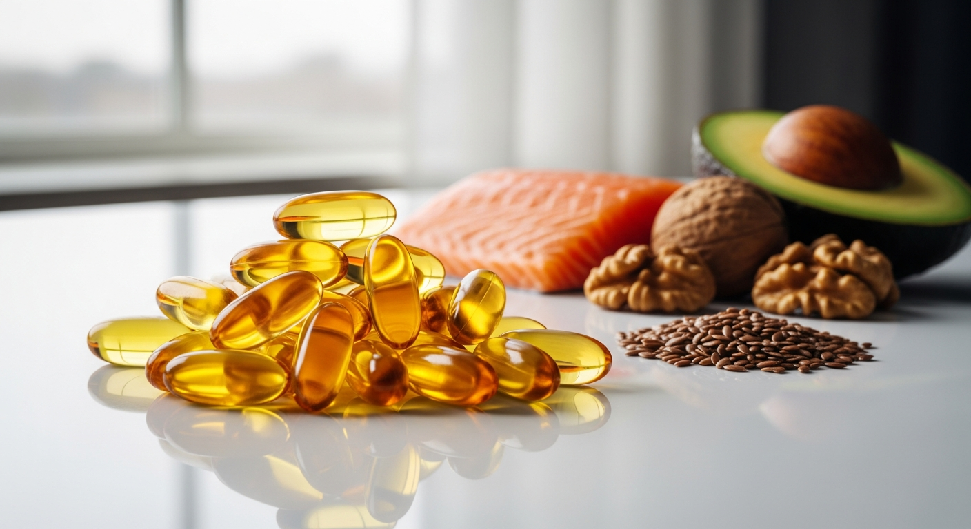 Sealions Omega-3 Fish Oil Capsules bottle displayed with fresh fish and supplement capsules