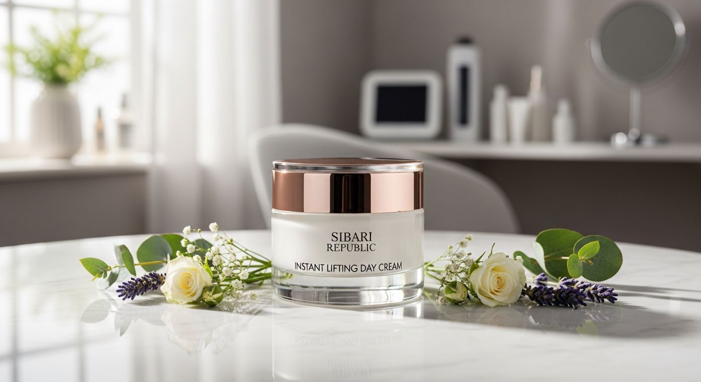 Sibari Republic Instant Lifting Day Cream jar displayed with fresh botanical ingredients and glowing skin texture background