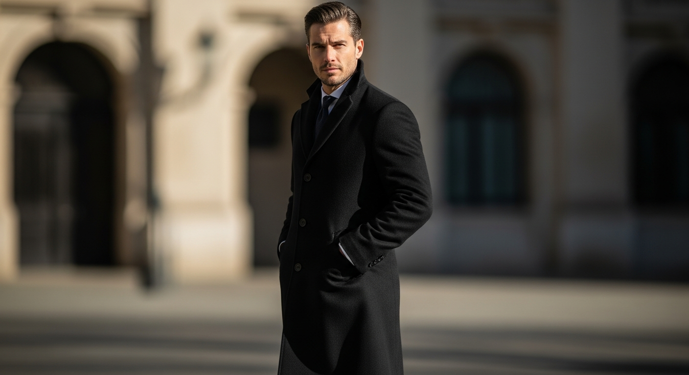 Men's black wool cashmere overcoat with notch lapels and full-length silhouette