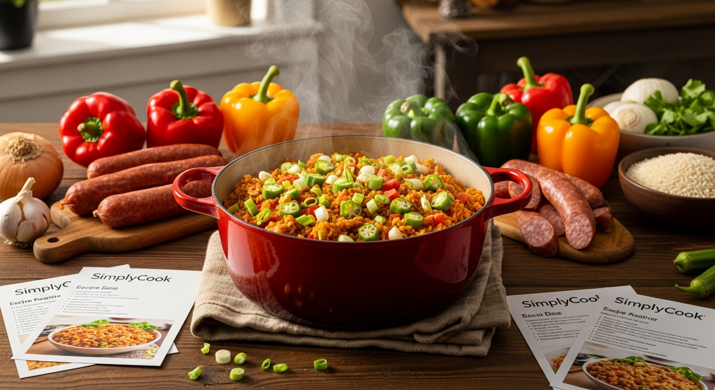 SimplyCook Cajun Jambalaya Recipe Kit with three flavor component pots displayed on kitchen counter