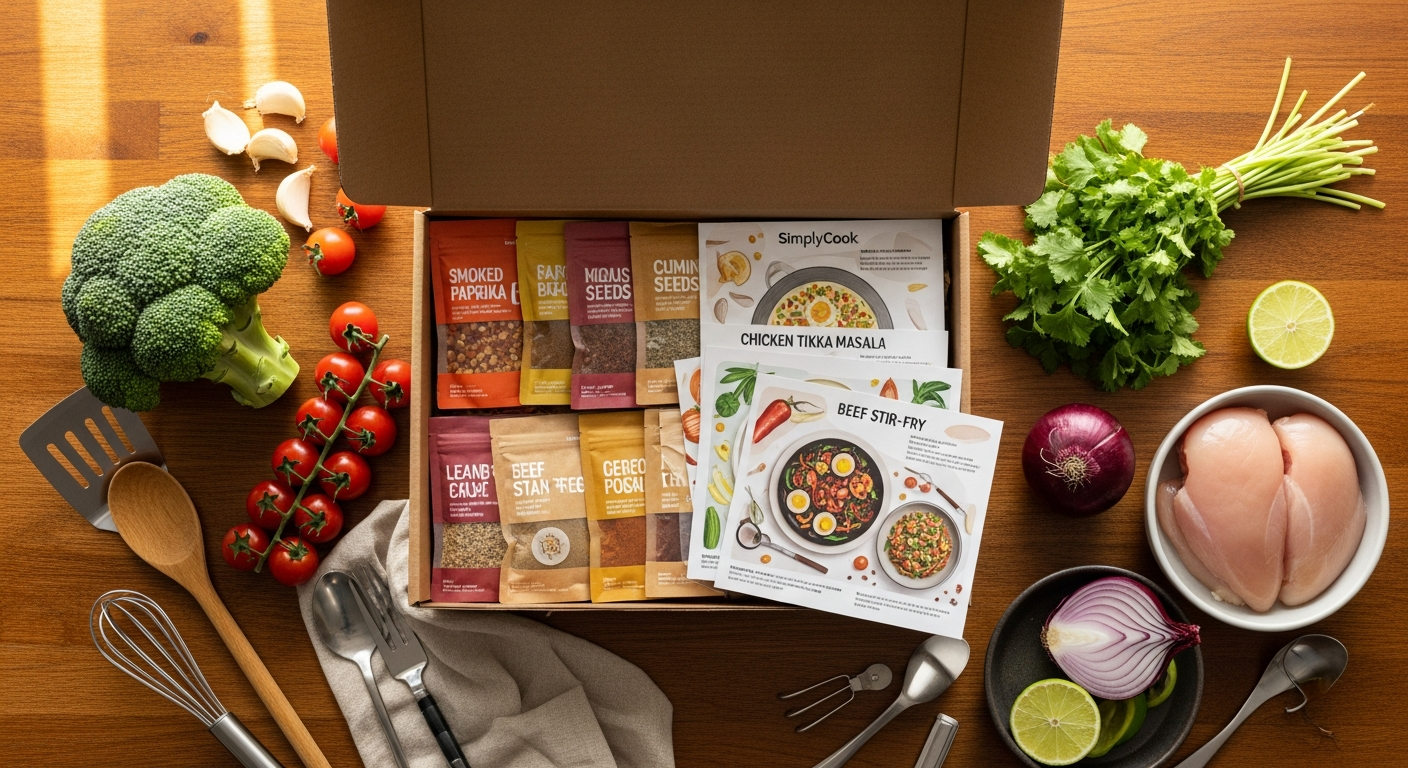 SimplyCook flavor kit subscription box with pre-measured spice pots and recipe cards displayed
